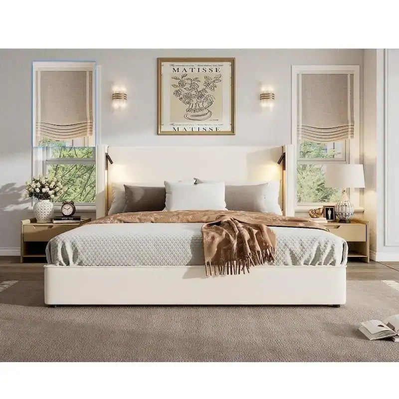 Christopher Knight Home- Cassie Upholstered Bed Frame with Reading Lamp & USB Port