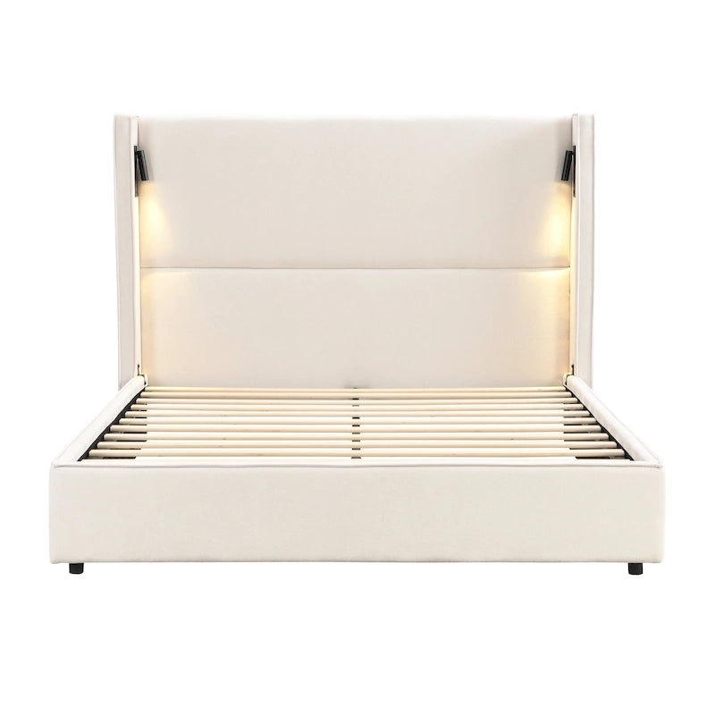 Upholstered Wingback Bed Frame with Reading Lamp & USB Port