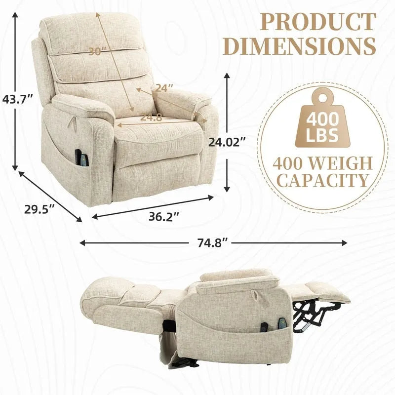 Dual Motors Power Lift Recliner, Lay Flat 74.8" Length, 100% Polyester, Massage & Heat, Easy Assemble