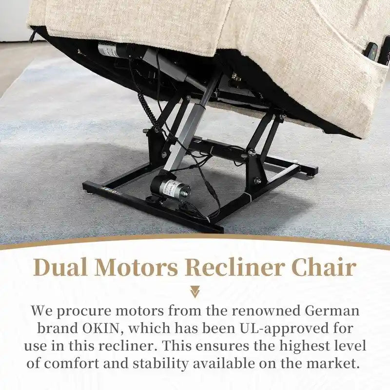 Elektrischer Aufstehsessel mit zwei Motoren, flach ausklappbar, Länge 74.8", 100 % Polyester, Massage und Wärme, einfache Montage