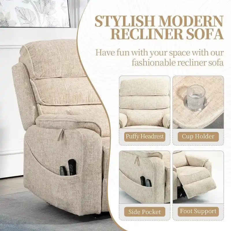 Elektrischer Aufstehsessel mit zwei Motoren, flach ausklappbar, Länge 74.8", 100 % Polyester, Massage und Wärme, einfache Montage