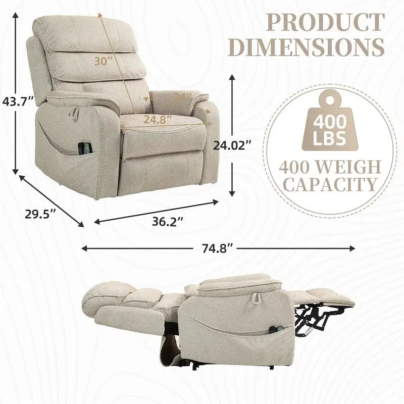 Elektrischer Aufstehsessel mit zwei Motoren, flach ausklappbar, Länge 74.8", 100 % Polyester, Massage und Wärme, einfache Montage