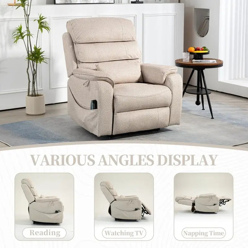 Elektrischer Aufstehsessel mit zwei Motoren, flach ausklappbar, Länge 74.8", 100 % Polyester, Massage und Wärme, einfache Montage