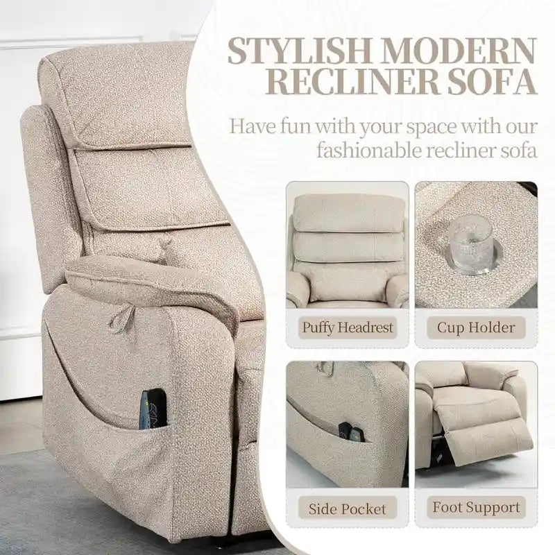 Elektrischer Aufstehsessel mit zwei Motoren, flach ausklappbar, Länge 74.8", 100 % Polyester, Massage und Wärme, einfache Montage