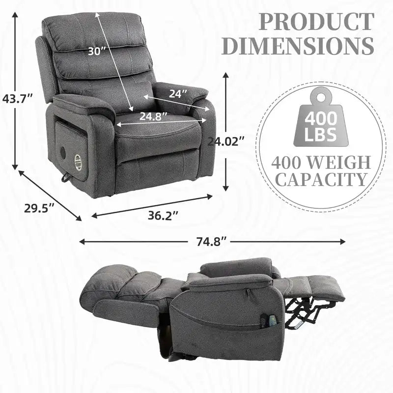 Elektrischer Aufstehsessel mit zwei Motoren, flach ausklappbar, Länge 74.8", 100 % Polyester, Massage und Wärme, einfache Montage