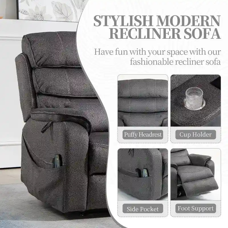 Elektrischer Aufstehsessel mit zwei Motoren, flach ausklappbar, Länge 74.8", 100 % Polyester, Massage und Wärme, einfache Montage