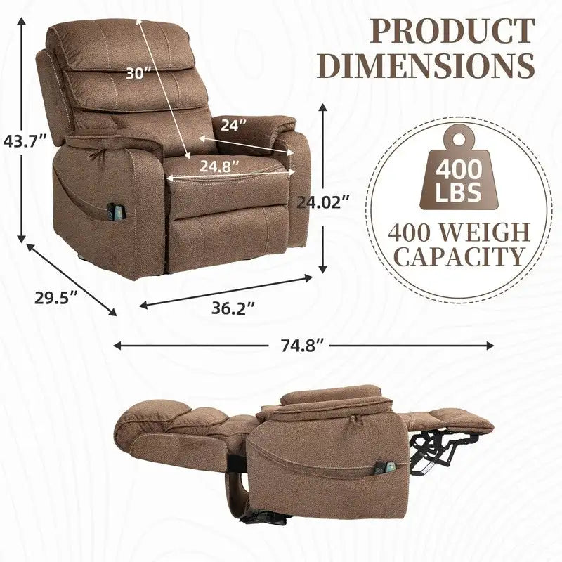 Elektrischer Aufstehsessel mit zwei Motoren, flach ausklappbar, Länge 74.8", 100 % Polyester, Massage und Wärme, einfache Montage