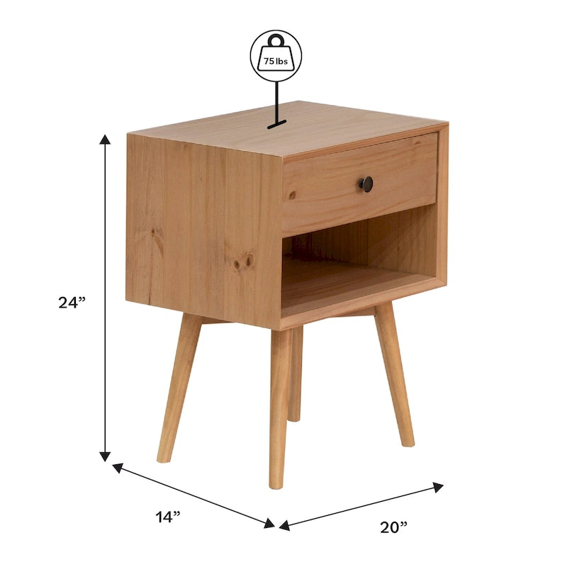 Comodini in legno massello con 1 cassetto, set da 2