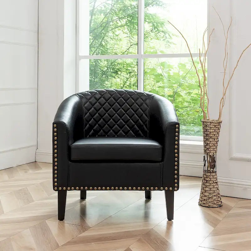 KINWELL PU Leather Tufted Barrel Chair Club Armchair with Nailheads