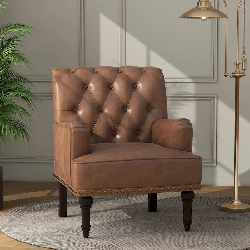 Tufted Vegan Leather Accent Chair with Nailhead Trim