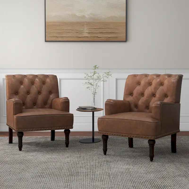 Tufted Vegan Leather Accent Chair with Nailhead Trim