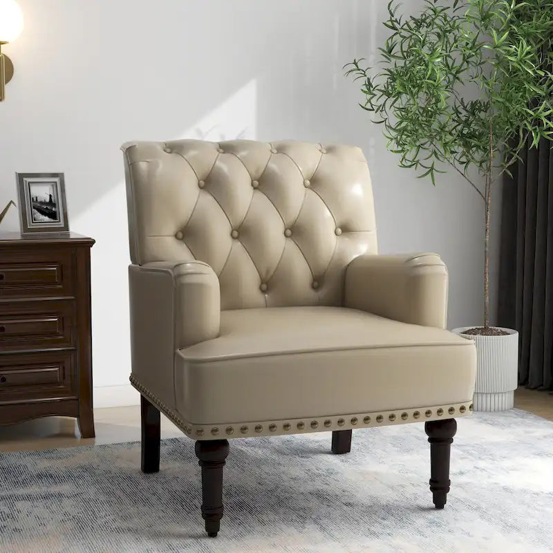 Tufted Vegan Leather Accent Chair with Nailhead Trim