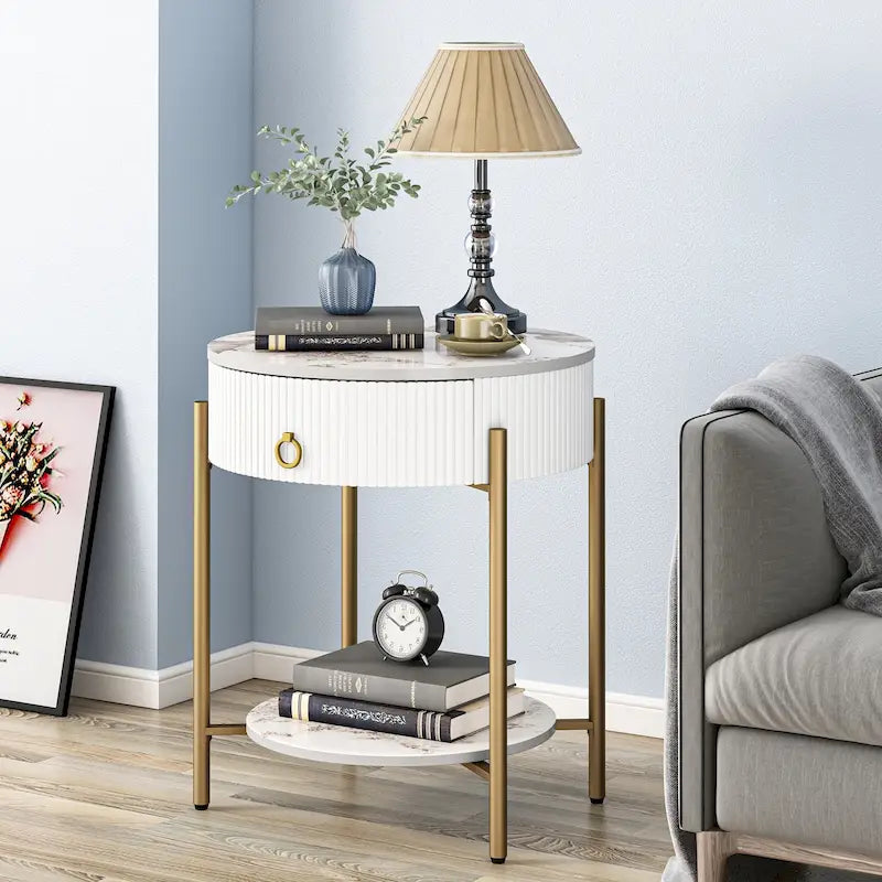 Modern Round End Table with Storage Drawer and Metal Legs