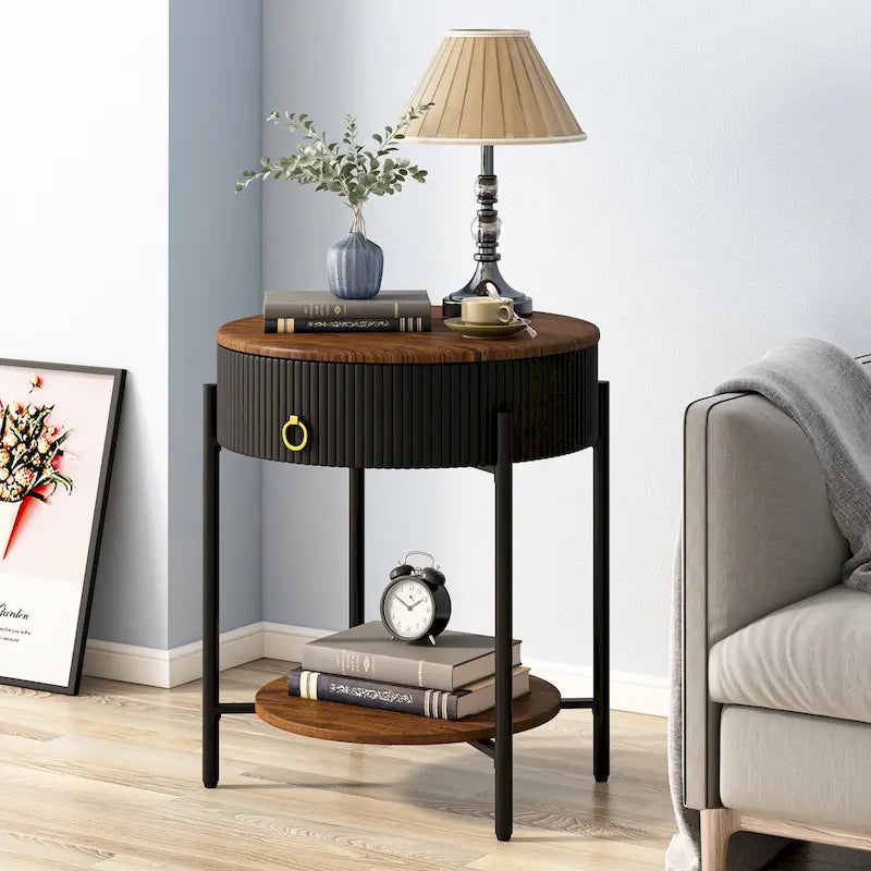 Modern Round End Table with Storage Drawer and Metal Legs