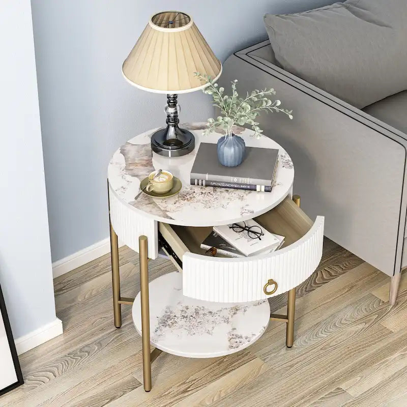 Modern Round End Table with Storage Drawer and Metal Legs