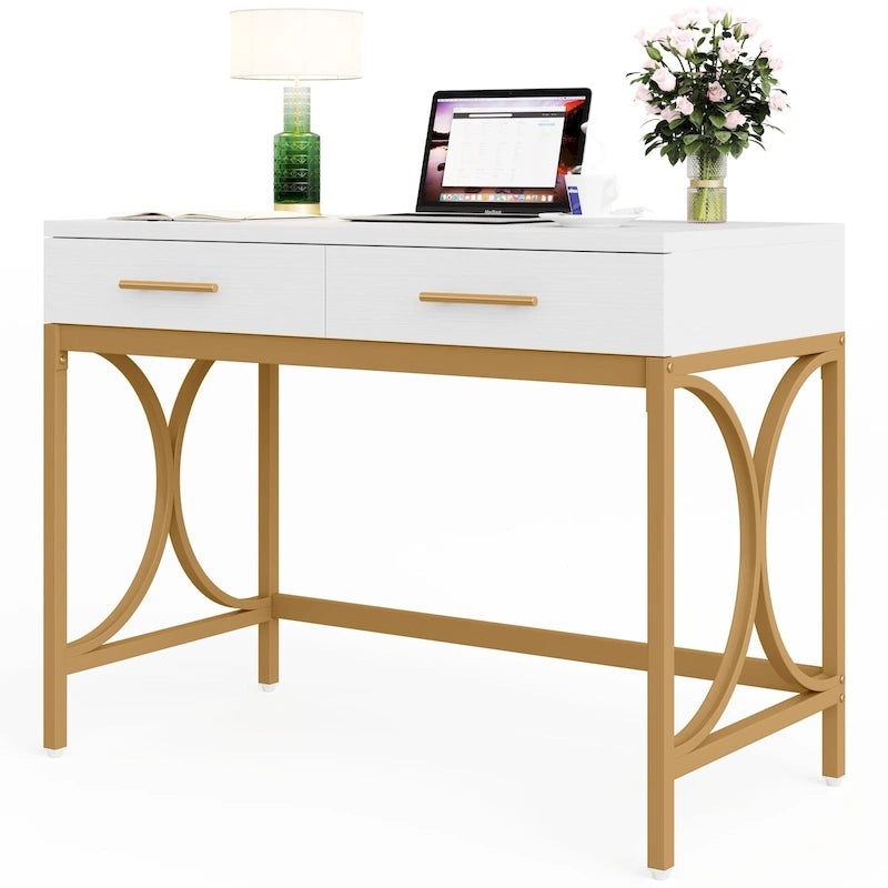 Modern Computer Writing Desk with 2 Drawers, White