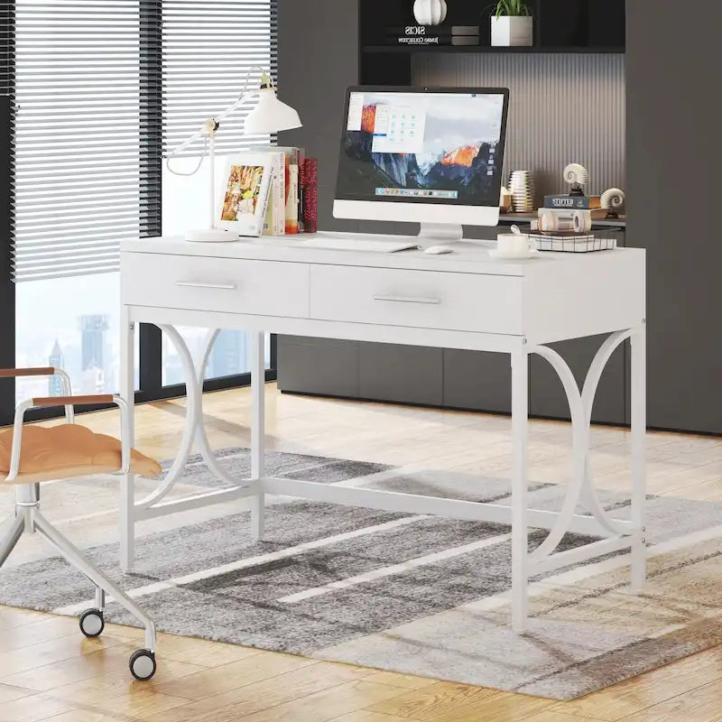 Moderner Computerschreibtisch mit 2 Schubladen, Weiß