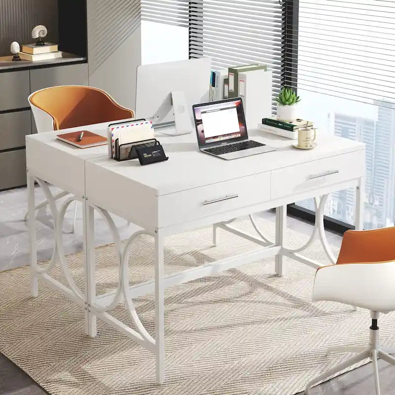 Moderner Computerschreibtisch mit 2 Schubladen, Weiß