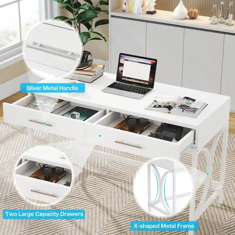 Moderner Computerschreibtisch mit 2 Schubladen, Weiß