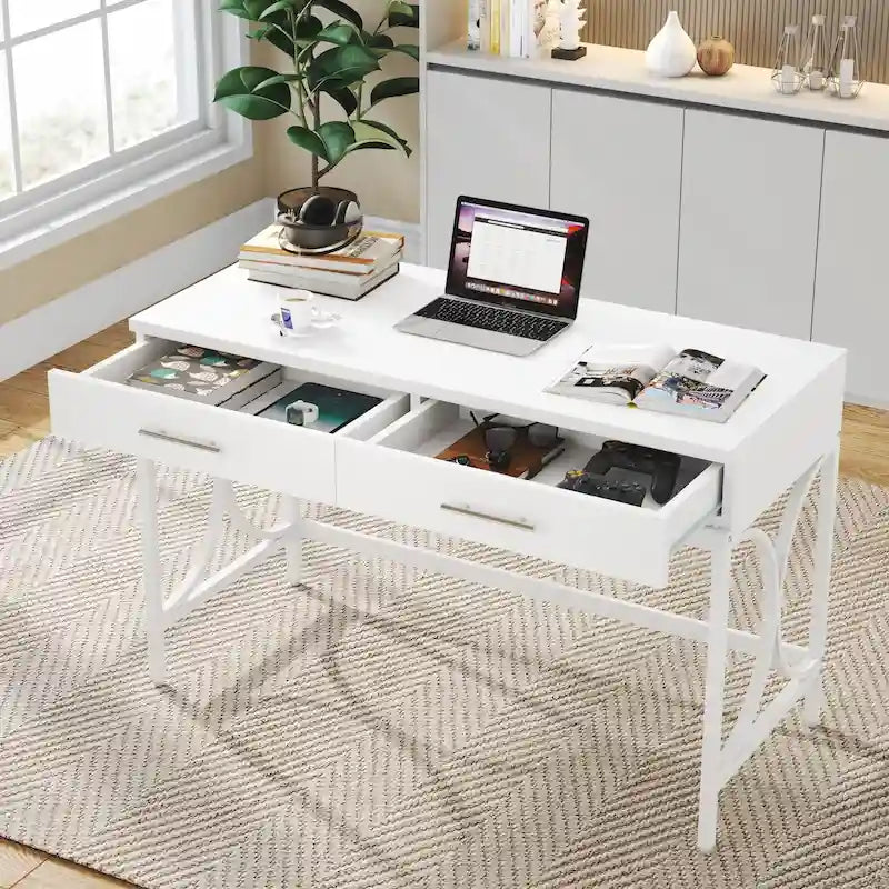 Moderner Computerschreibtisch mit 2 Schubladen, Weiß