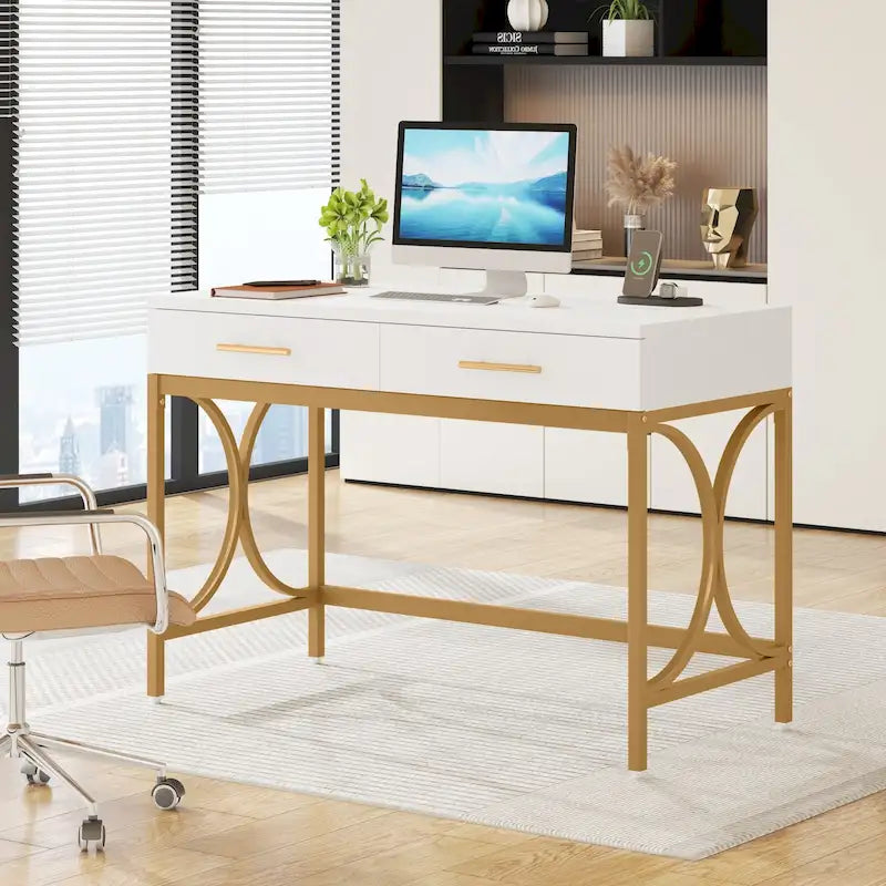 Moderner Computerschreibtisch mit 2 Schubladen, Weiß