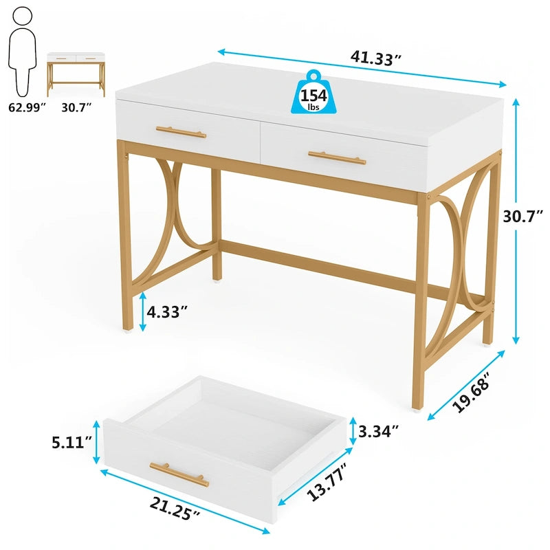 Moderner Computerschreibtisch mit 2 Schubladen, Weiß