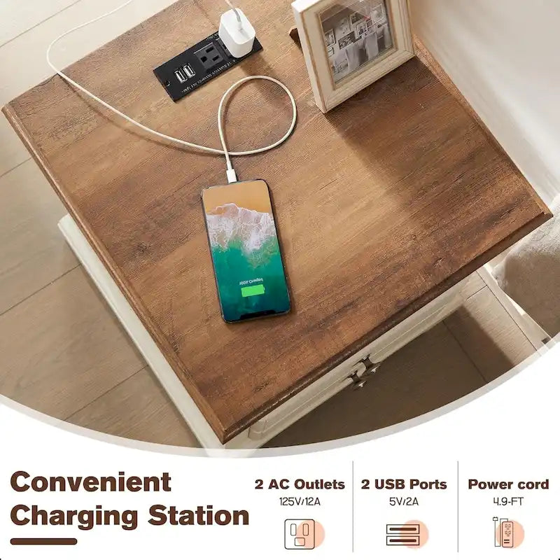 Wood Nightstand with Charging Station