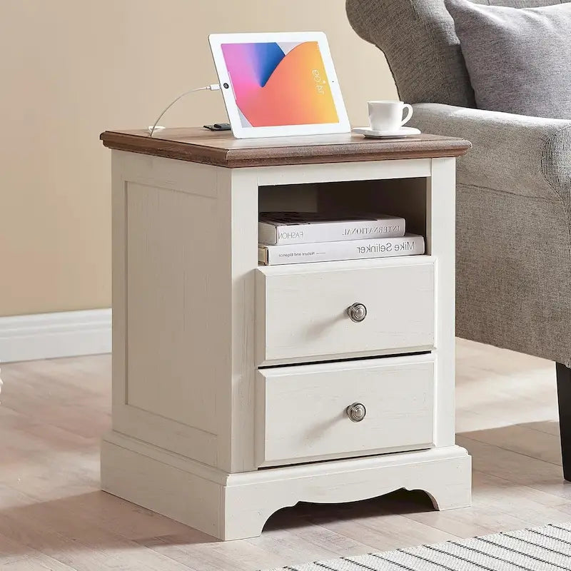Wood Nightstand with Charging Station