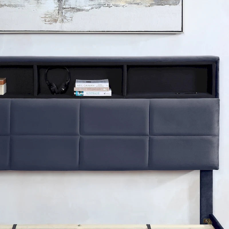 Grey Upholstered Storage Bed with USB Ports