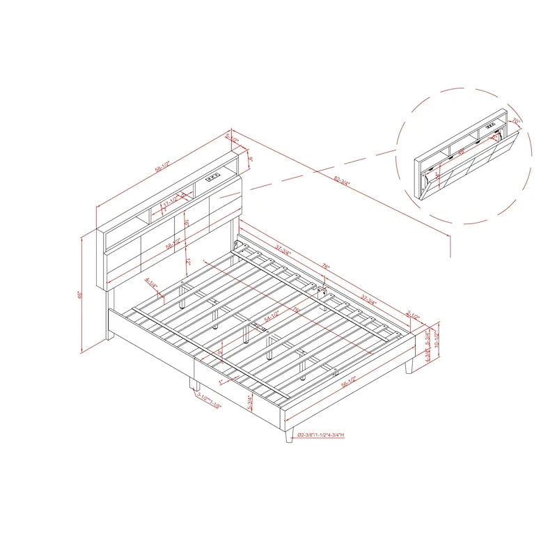 Graues gepolstertes Bett mit Stauraum und USB-Anschlüssen