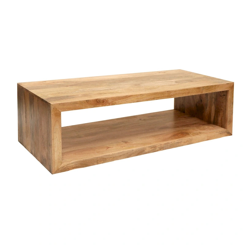 58 Inch Mango Wood Coffee Table, Open Cube, 1 Shelf, Natural Brown