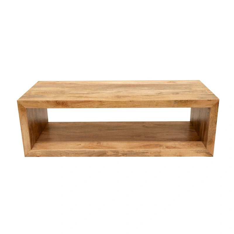 58-Zoll-Couchtisch aus Mangoholz, offenes Würfeldesign, 1 Ablage, Naturbraun