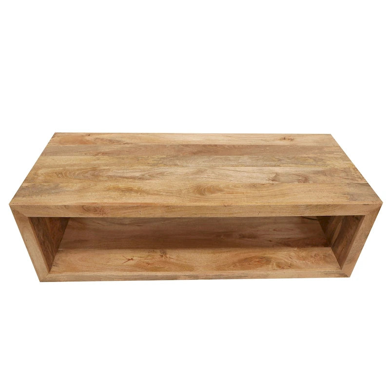 58-Zoll-Couchtisch aus Mangoholz, offenes Würfeldesign, 1 Ablage, Naturbraun
