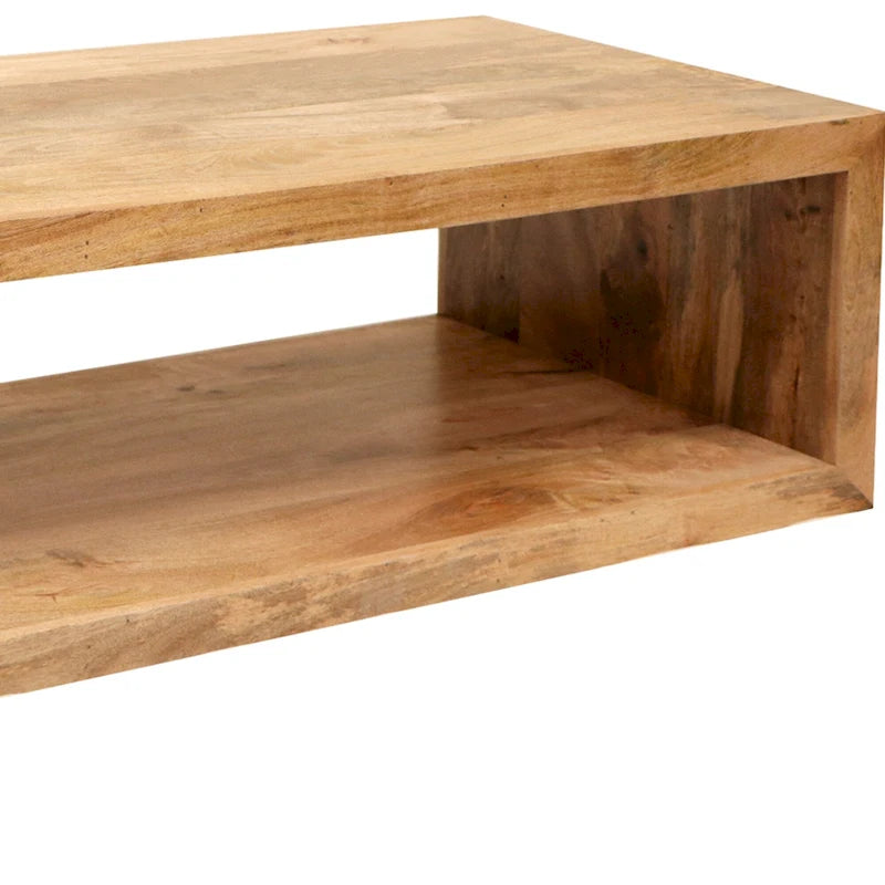 58-Zoll-Couchtisch aus Mangoholz, offenes Würfeldesign, 1 Ablage, Naturbraun