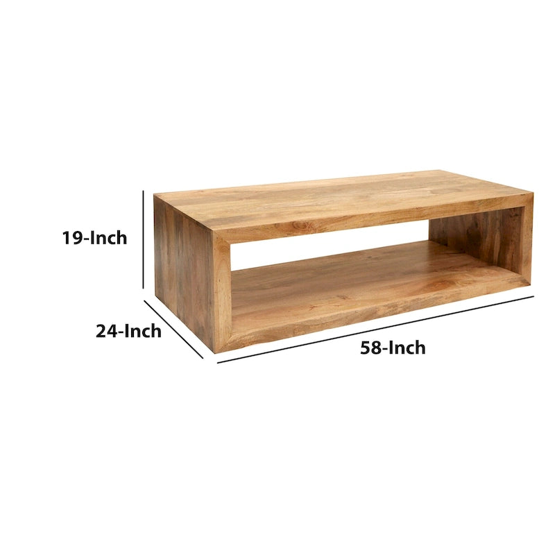 58-Zoll-Couchtisch aus Mangoholz, offenes Würfeldesign, 1 Ablage, Naturbraun