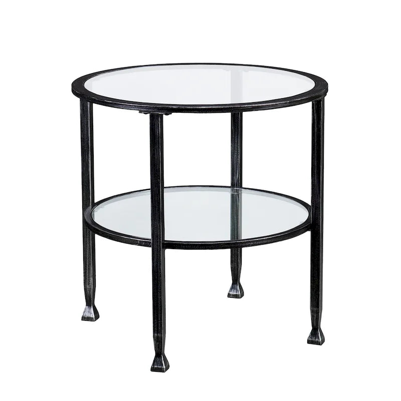 Distressed Black Metal Round Side Table with Glass Top and Shelf