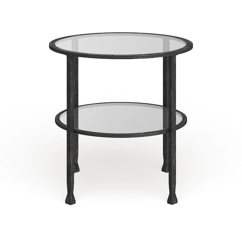 Runder Beistelltisch aus schwarzem Metall im Used-Look mit Glasplatte und Ablage