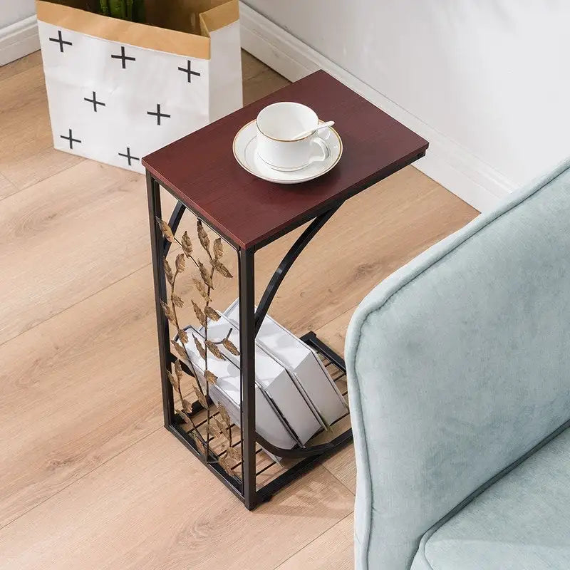 Leaf Pattern Iron Side Table with Wood Top