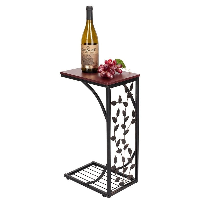Leaf Pattern Iron Side Table with Wood Top