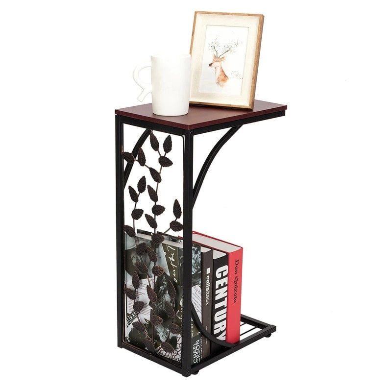 Leaf Pattern Iron Side Table with Wood Top