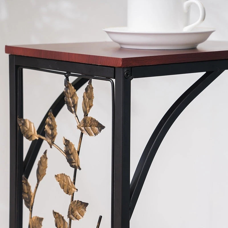 Leaf Pattern Iron Side Table with Wood Top
