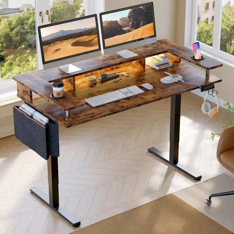 Electric Standing Desk Height Adjustable Computer Desk with Storage and Monitor Stand