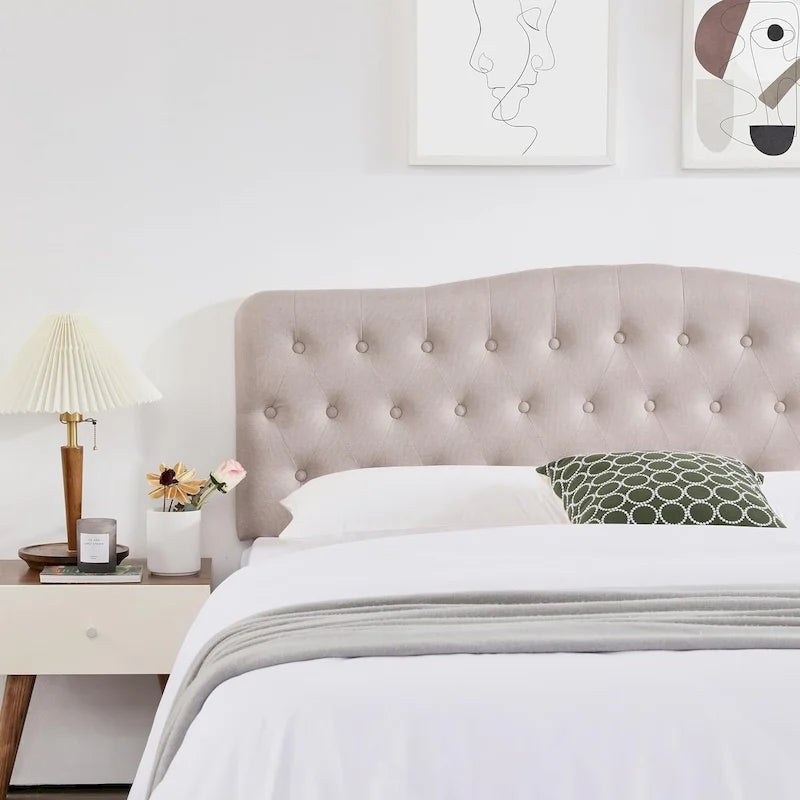 Upholstered King Headboard with Adjustable Height, Linen Fabric & Solid Wood Legs for King Size Bed