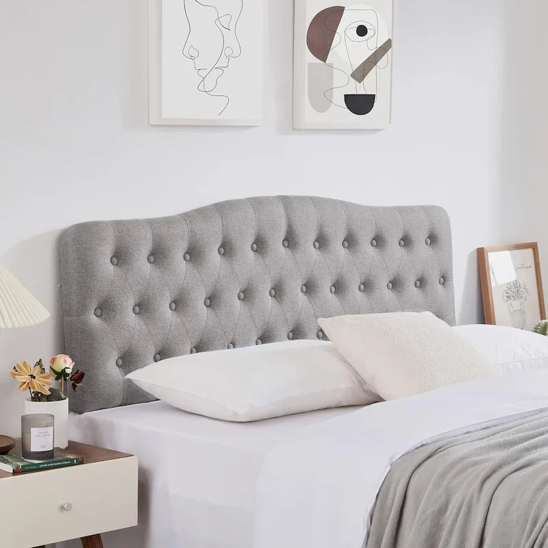 Upholstered King Headboard with Adjustable Height, Linen Fabric & Solid Wood Legs for King Size Bed