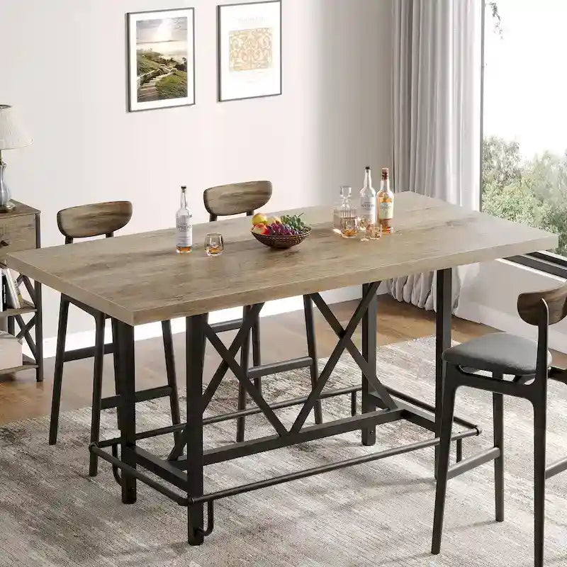 6-People Counter Bar Height Pub Table withe Footrest, Tall Bar Table with Thicken Wood Tabletop and Metal Frame for Home/Kitchen
