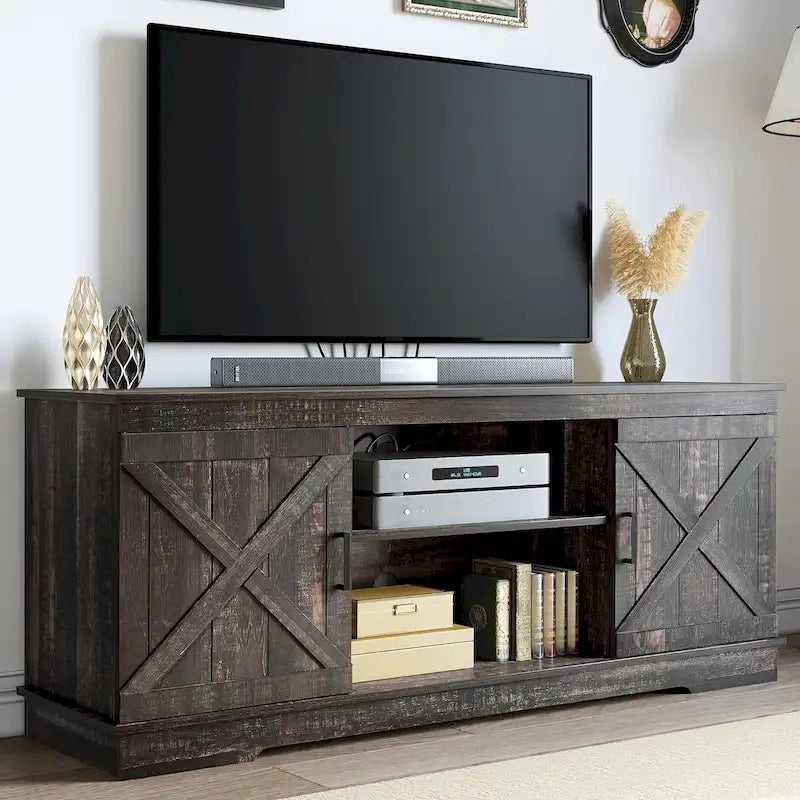 Farmhouse TV Stand with Barn Door & Storage Cabinets