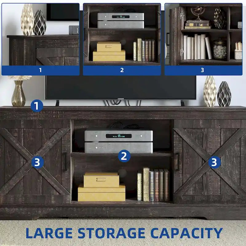 Farmhouse TV Stand with Barn Door & Storage Cabinets