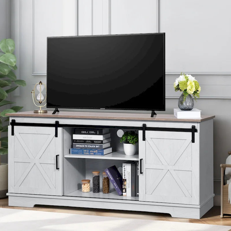 Farmhouse TV Stand with Barn Door & Storage Cabinets
