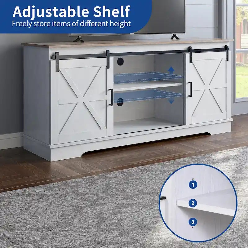Farmhouse TV Stand with Barn Door & Storage Cabinets