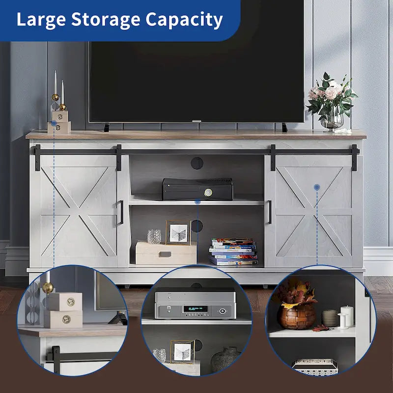 Farmhouse TV Stand with Barn Door & Storage Cabinets